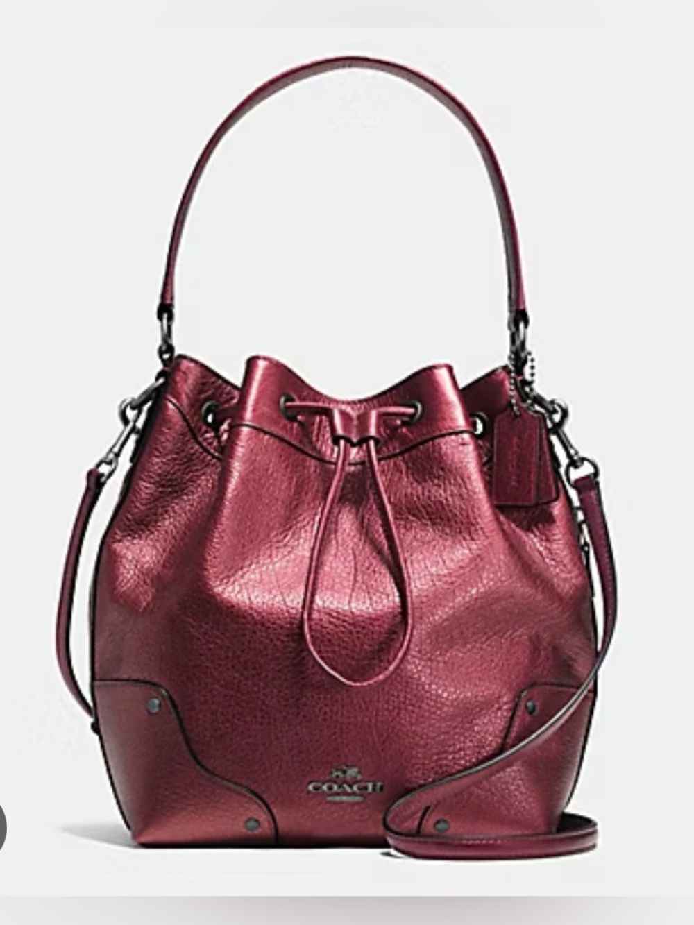 Coach Metallic Garnet Red Mickie Drawstring Crossbody Bag W/Gun Metal Hardware